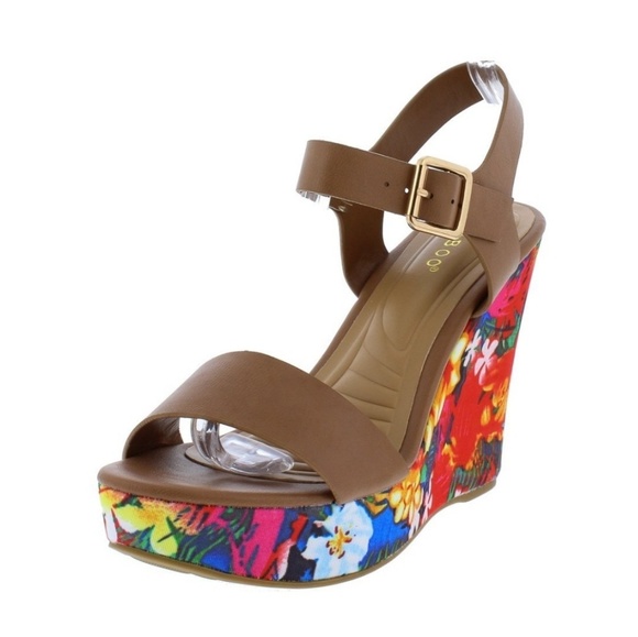 Bamboo Open Toe Vibrant Floral Wedge Heels - Picture 6 of 8